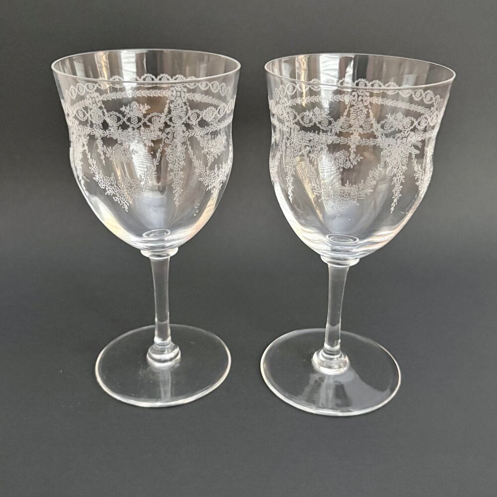 Set of 2 Antique Vintage Needle Etched Water Glass Crystal Cascade Czc1 1920s